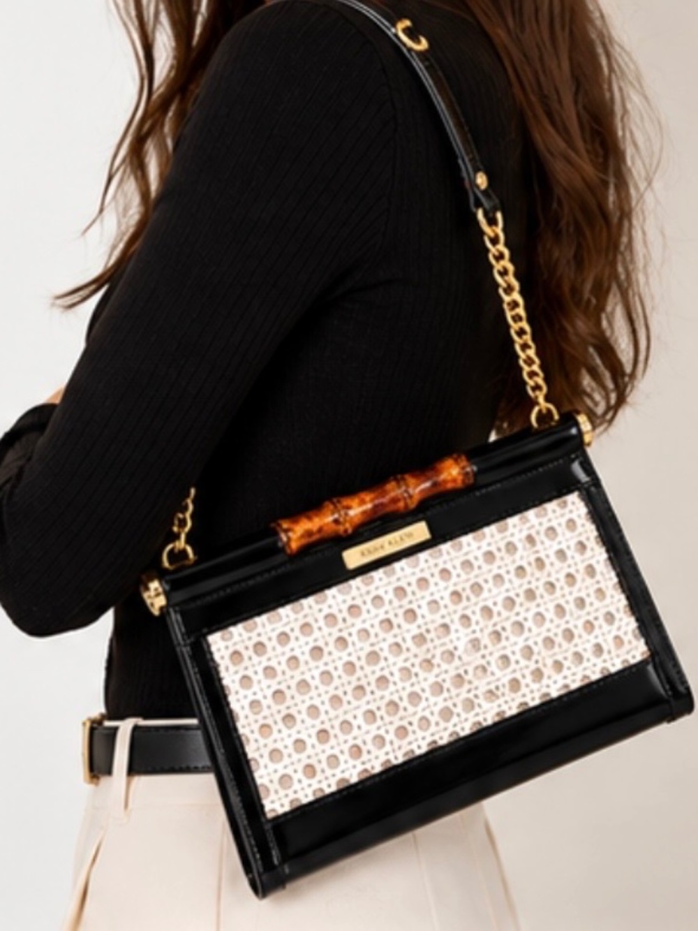 Anne Klein Vintage Style Black White Woven Bamboo Handle Bag Y2K